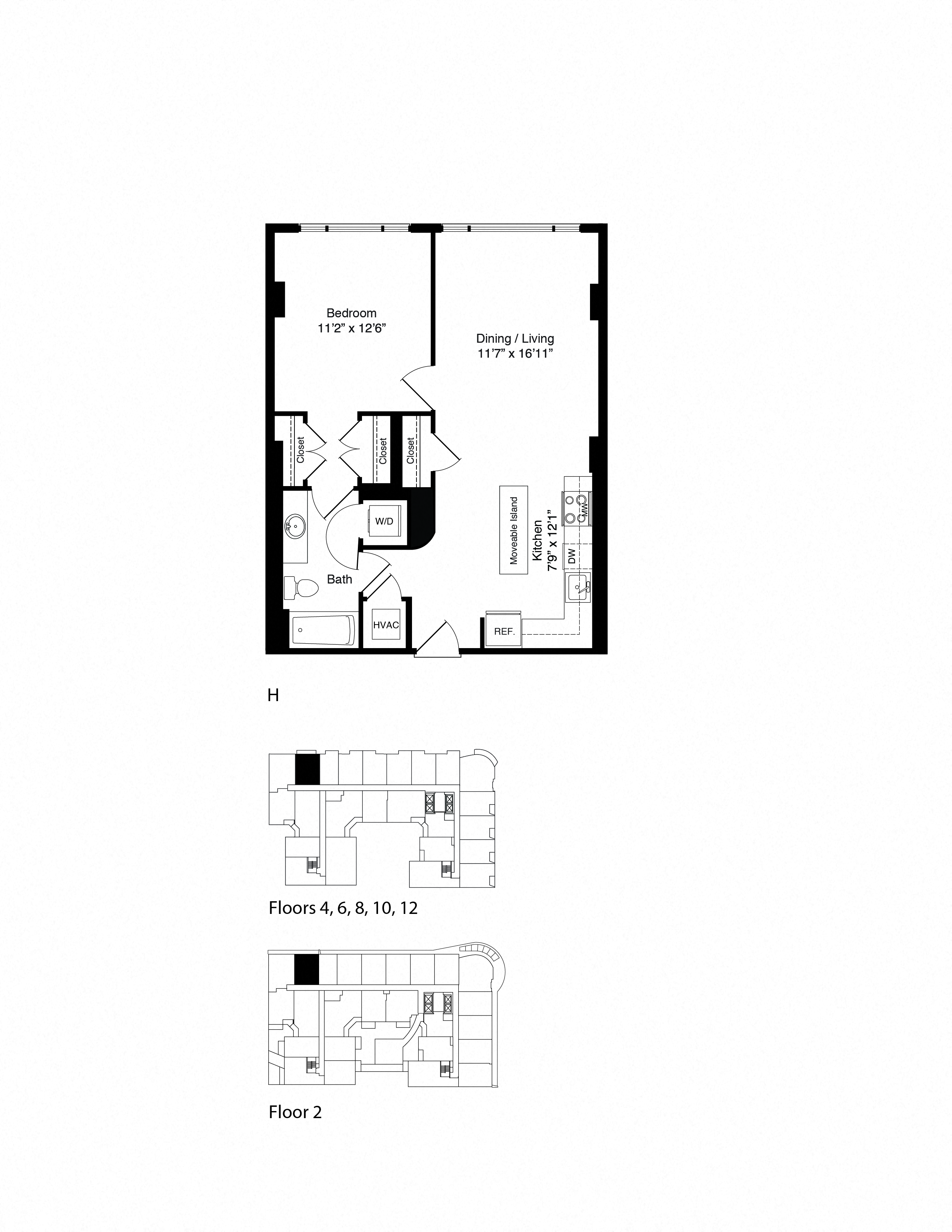 Floor plan for 1 bed, 1 bath, 718 sqft
